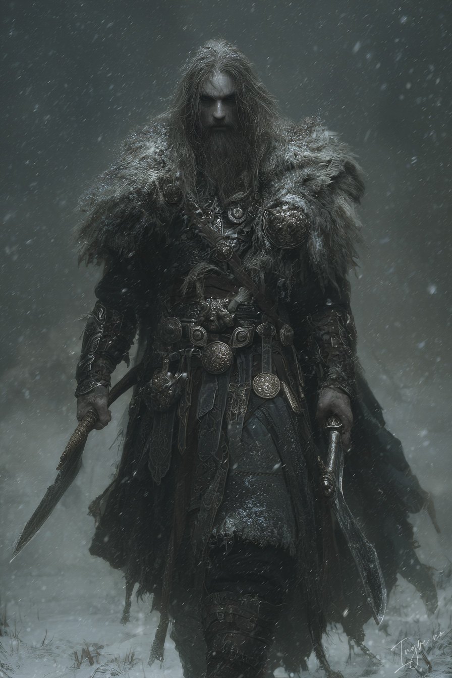 Viking berserker in wolf pelt armor standing in snow before b 5a317963 681f 4a28 863d 92ca797424b2 1