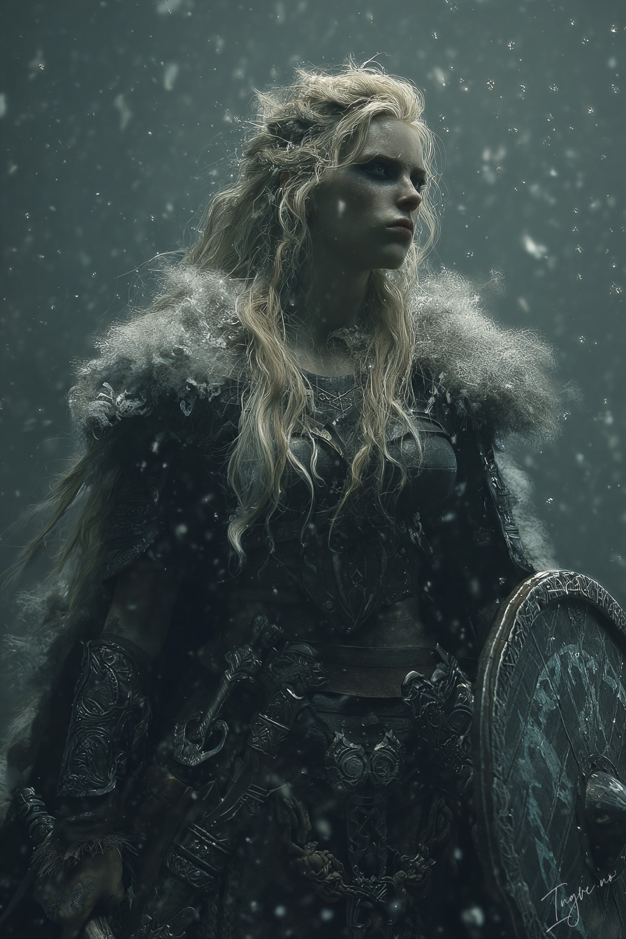 Fierce shieldmaiden with rune etched armor and fur mantle sno bf827fd6 fb52 402c bab8 dacd114b4792 1