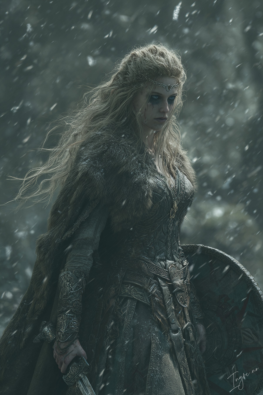Fierce shieldmaiden with rune etched armor and fur mantle sno bf827fd6 fb52 402c bab8 dacd114b4792 3