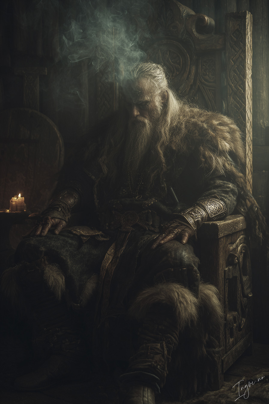 Old Viking jarl seated inside a smoky longhouse heavy furs ca ea57be7f f8e6 4e92 a31c 421be5ddaa56 3