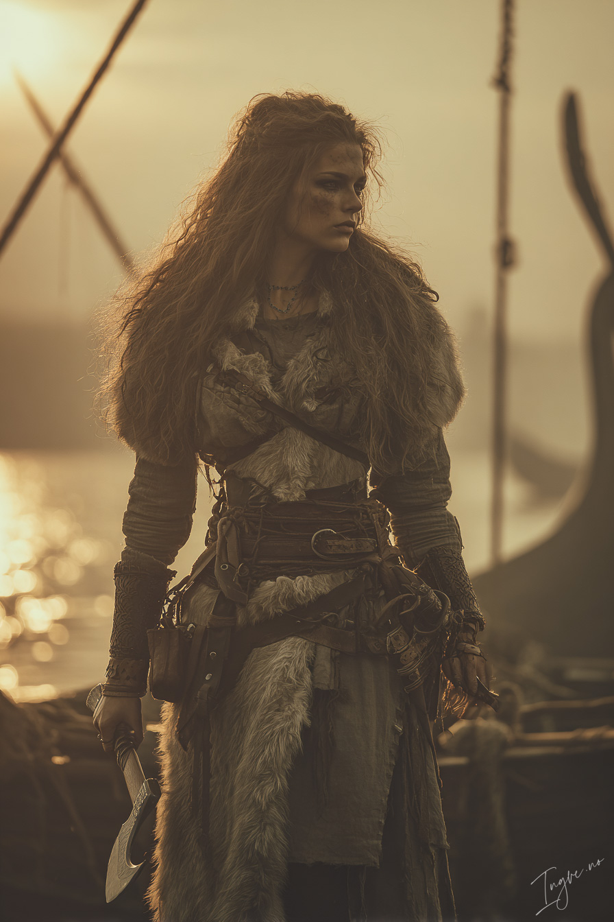 Weathered female Viking explorer with leather belts fur lined d84fd71a 5ddf 4e90 89d1 7c463d7de33f 0