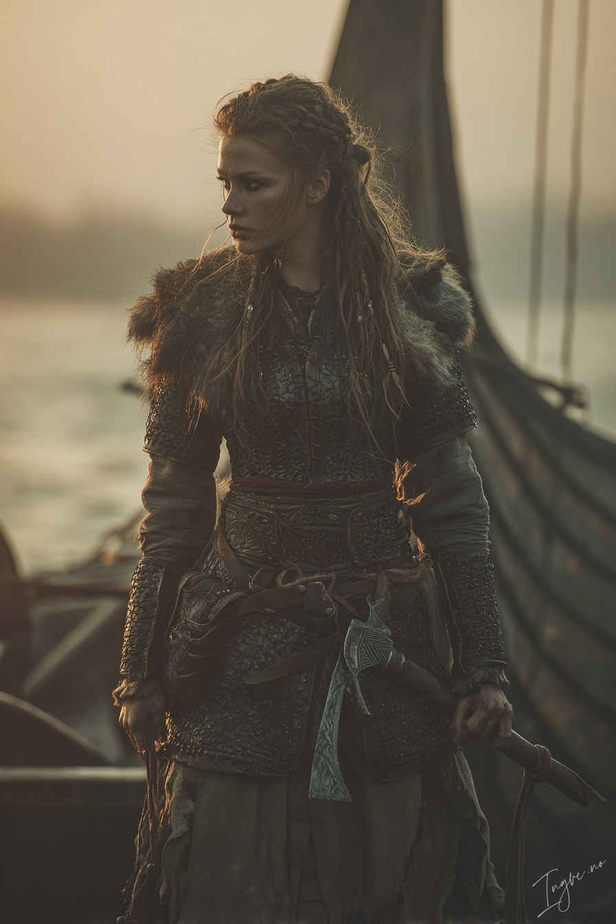 Weathered female Viking explorer with leather belts fur lined d84fd71a 5ddf 4e90 89d1 7c463d7de33f 1