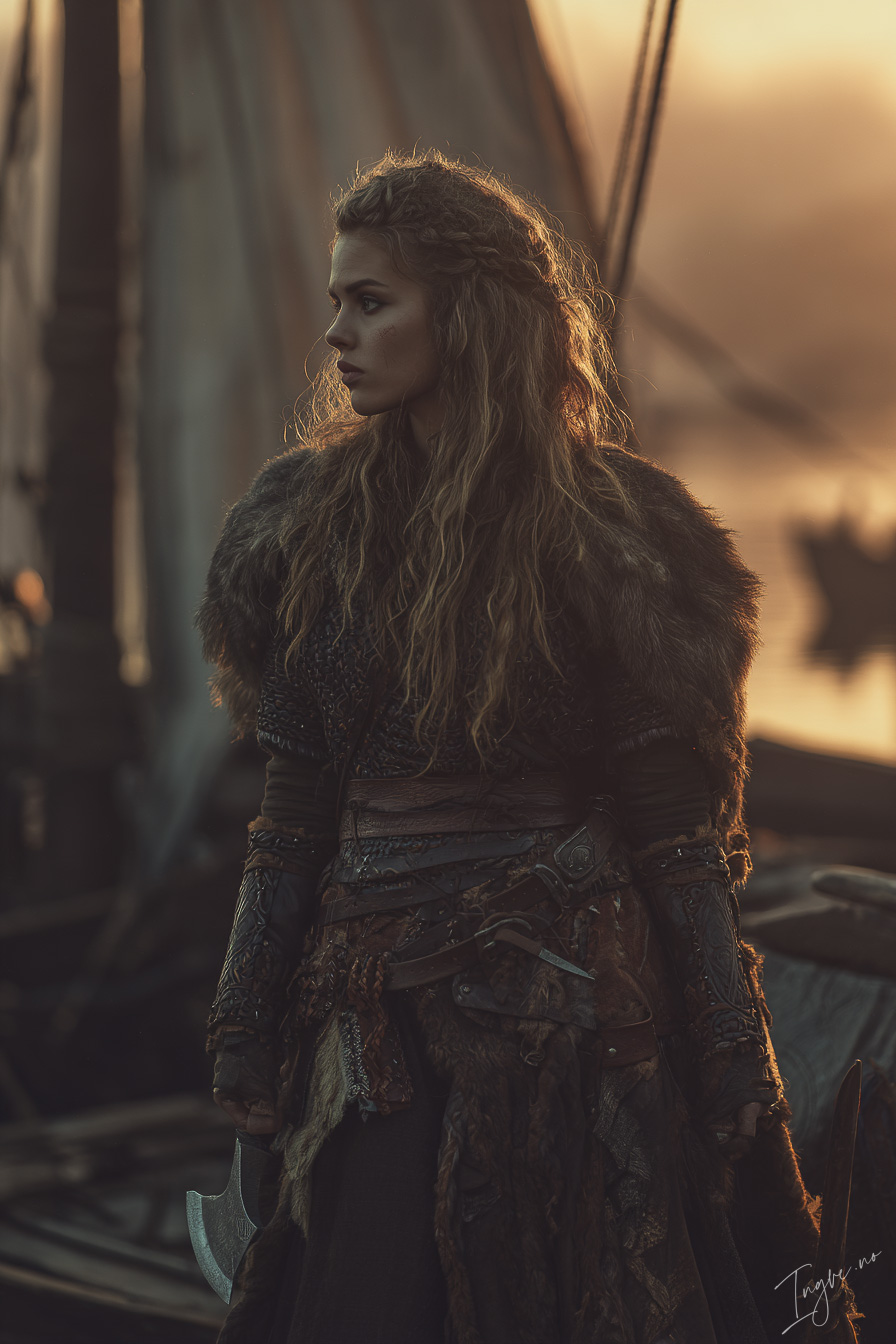 Weathered female Viking explorer with leather belts fur lined d84fd71a 5ddf 4e90 89d1 7c463d7de33f 2