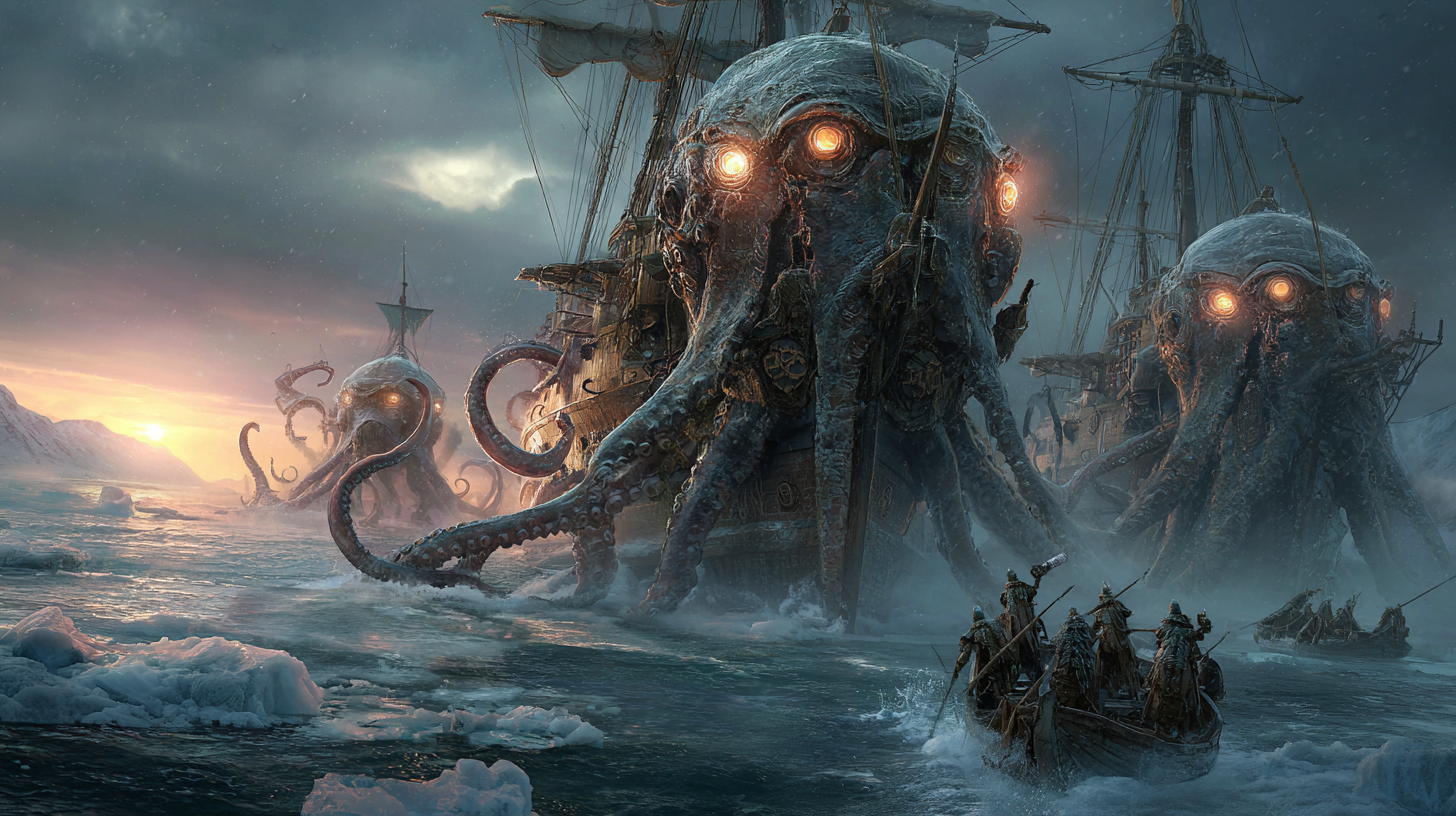 Viking army fighting colossal sea creatures emerging from icy d0b5491c dc51 472b 89f5 7581b8fb9b2c 1