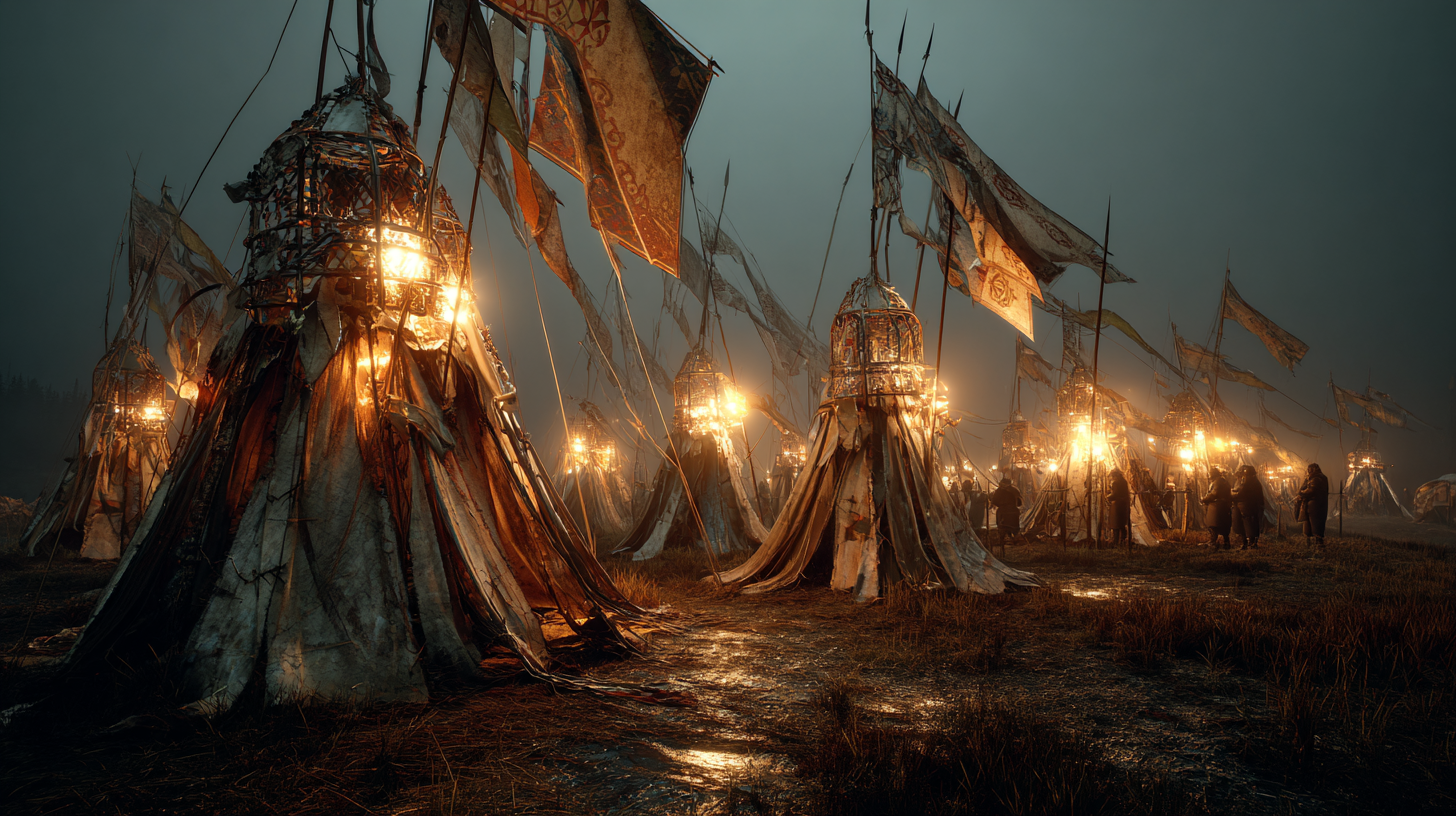 Viking battlefield where Norwegian flags glow faintly with ru 0aaabe19 b945 4f14 b224 304cf3355c62 0