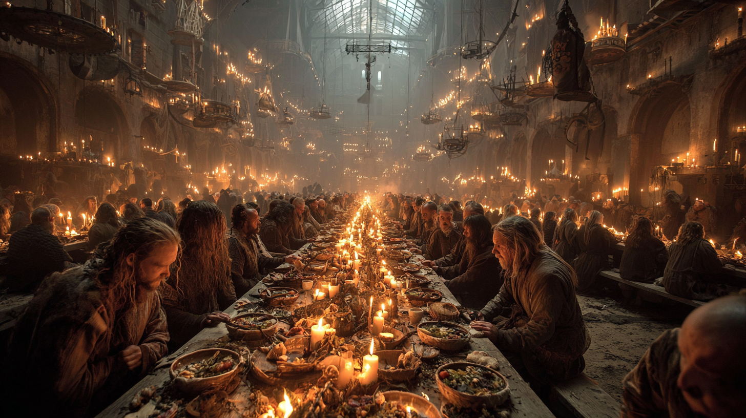 Viking feast where the hall stretches endlessly into darkness 7fc724bb 55b3 4e49 a6f7 eeefee950289 0