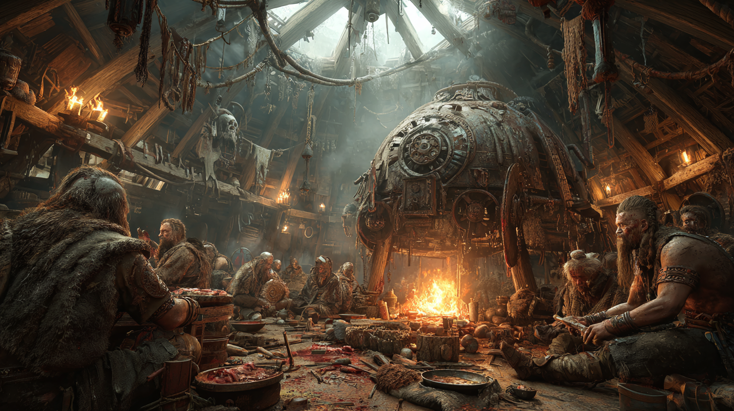 Viking longhouse filled with victorious warriors eating meat 2e234e0d 0a65 4dfd 8e41 72f624b00af8 0