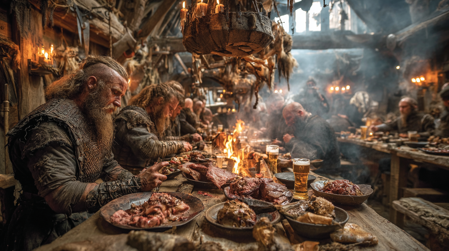 Viking longhouse filled with victorious warriors eating meat 2e234e0d 0a65 4dfd 8e41 72f624b00af8 1