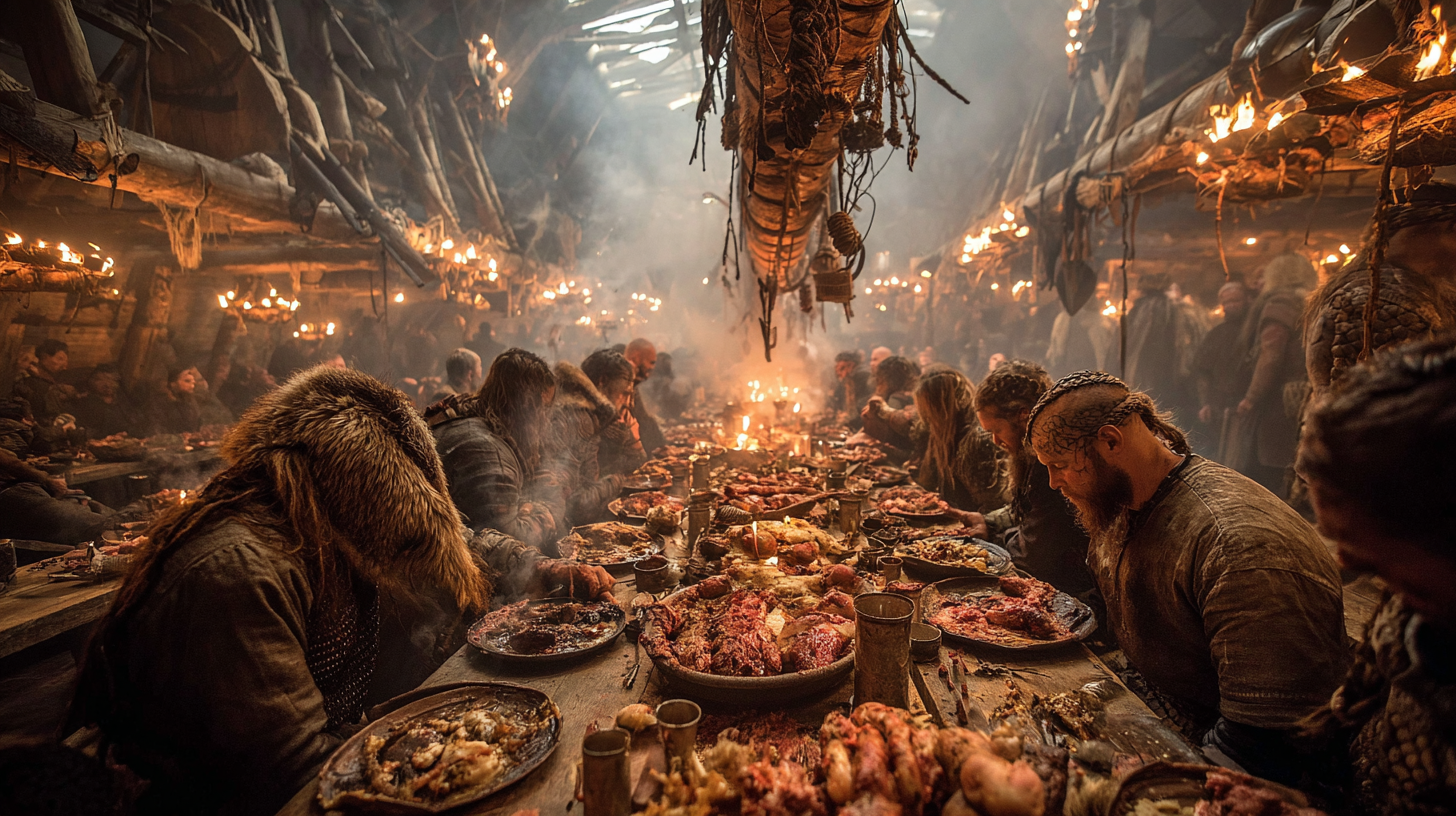 Viking longhouse filled with victorious warriors eating meat 2e234e0d 0a65 4dfd 8e41 72f624b00af8 2