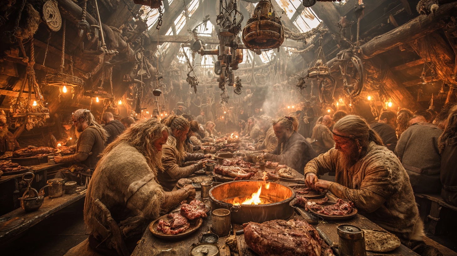 Viking longhouse filled with victorious warriors eating meat 2e234e0d 0a65 4dfd 8e41 72f624b00af8 3