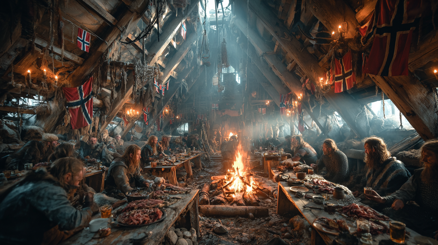 Viking longhouse filled with warriors celebrating victory eat 55bb7b62 0af2 47ea 94ac 1e4357cb7ac6 2