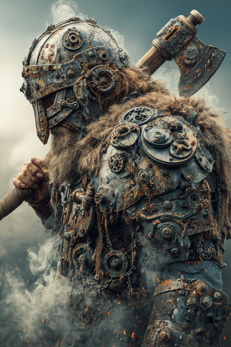 Viking warrior with an impossibly large axe powered by gears 57677338 65c0 493b aeb9 7a29ad9deef3 1