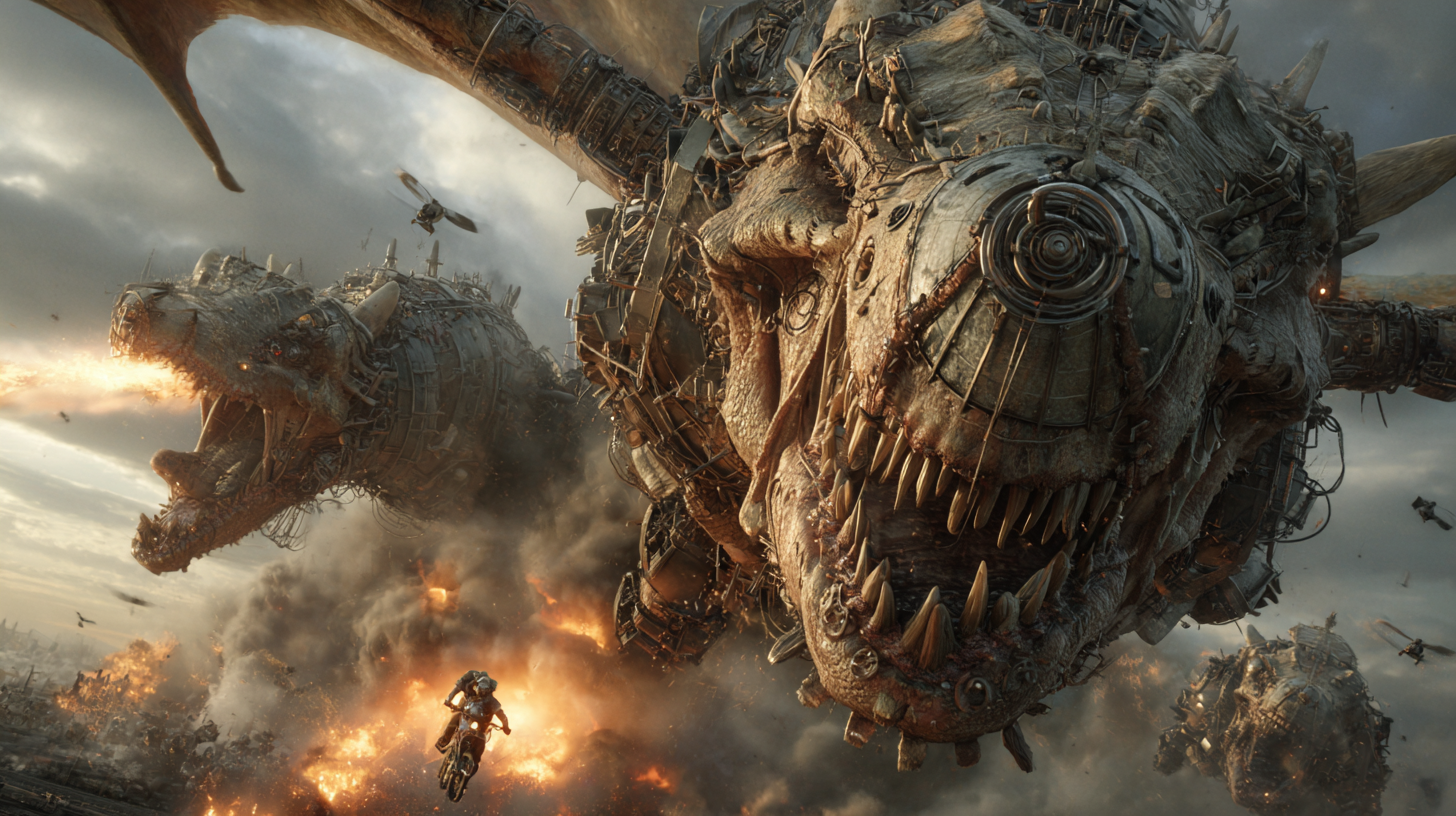 Viking warriors battling enormous mechanical dragons metal wi 785ee147 9ab1 467b 834f ce95d34cff9e 2