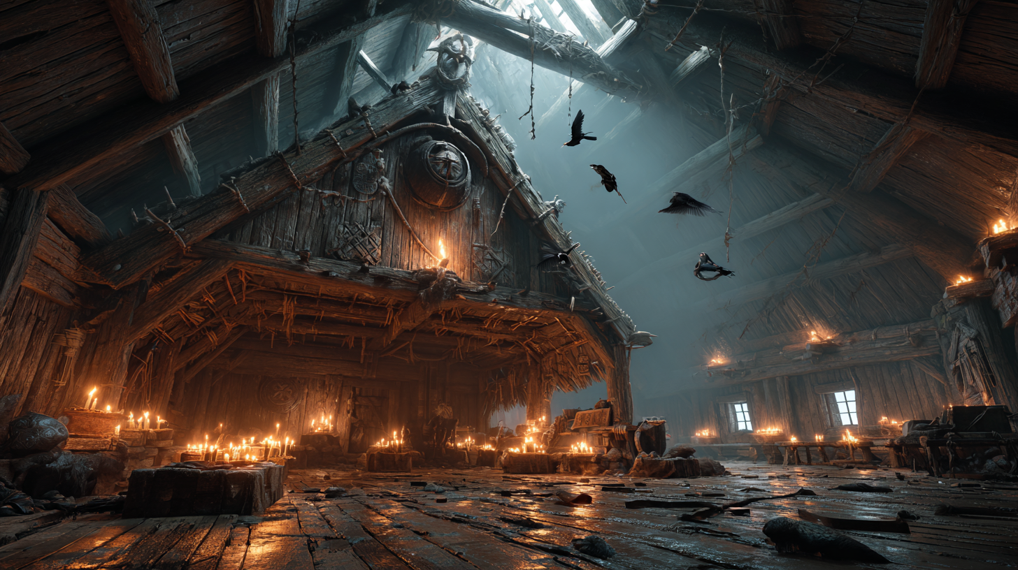 Ancient Viking longhouse filled with uneasy warriors glowing a59c3383 5491 4f27 a85c cc4a717e31fe 0