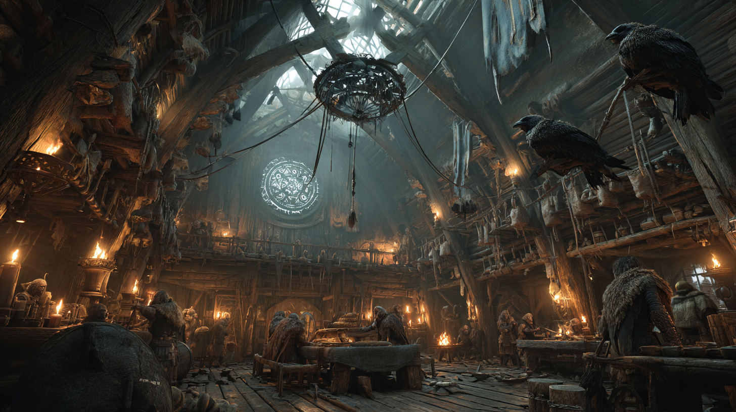 Ancient Viking longhouse filled with uneasy warriors glowing a59c3383 5491 4f27 a85c cc4a717e31fe 3