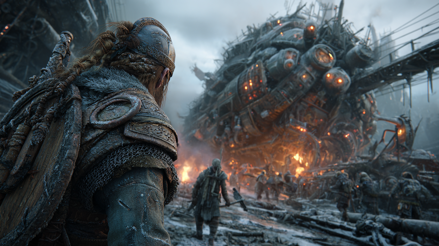 Battlefield where giant Viking warriors clash among burning m 6a865eb0 1988 40f9 913f 9b37fe3edac4 0