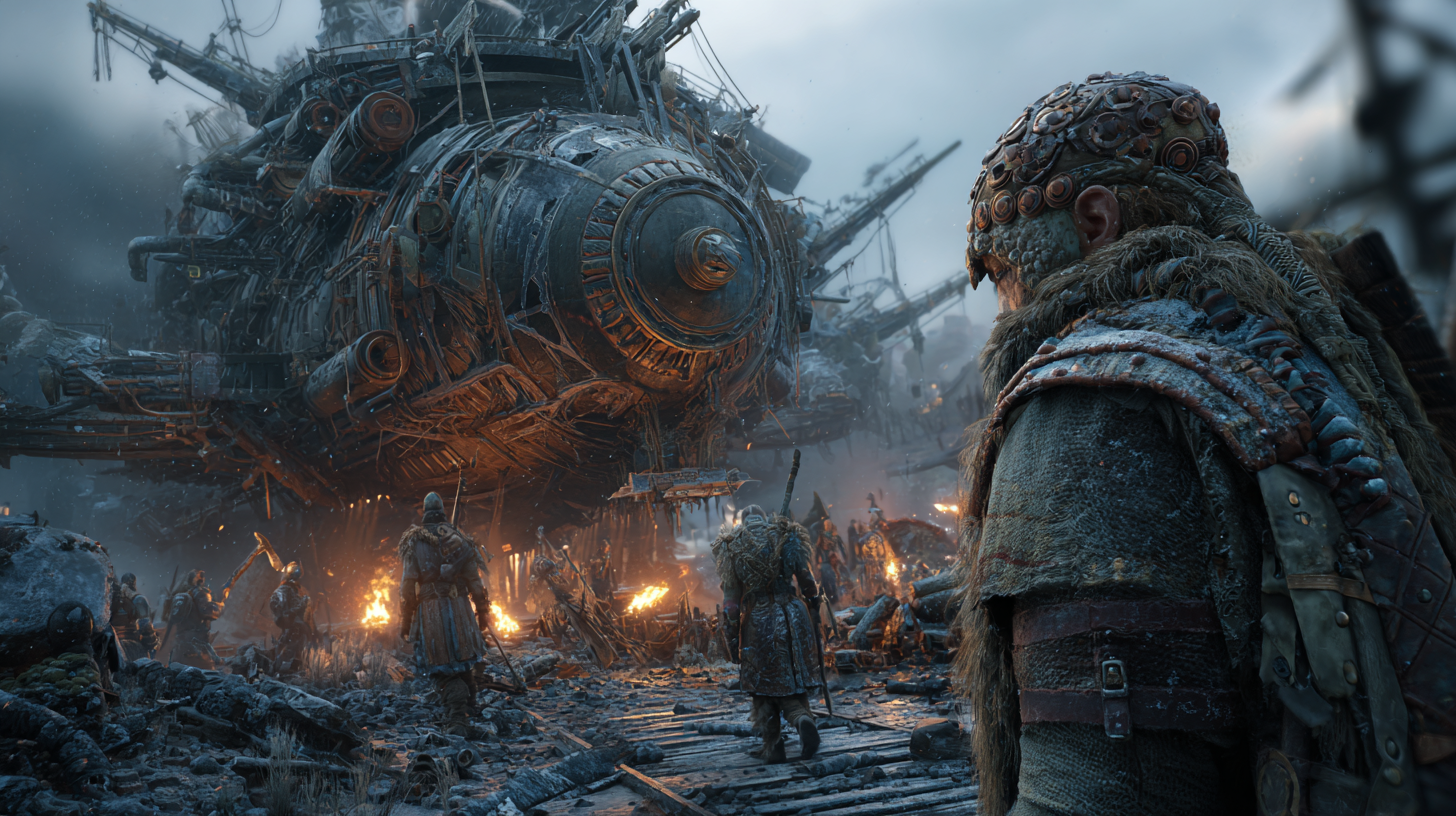 Battlefield where giant Viking warriors clash among burning m 6a865eb0 1988 40f9 913f 9b37fe3edac4 3
