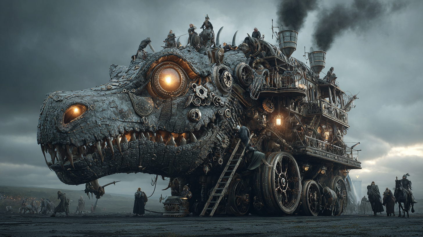Gigantic Viking war machine shaped like a dragon powered by s 604bfc56 e9cf 4b39 97a2 a6ca0ee46516 1