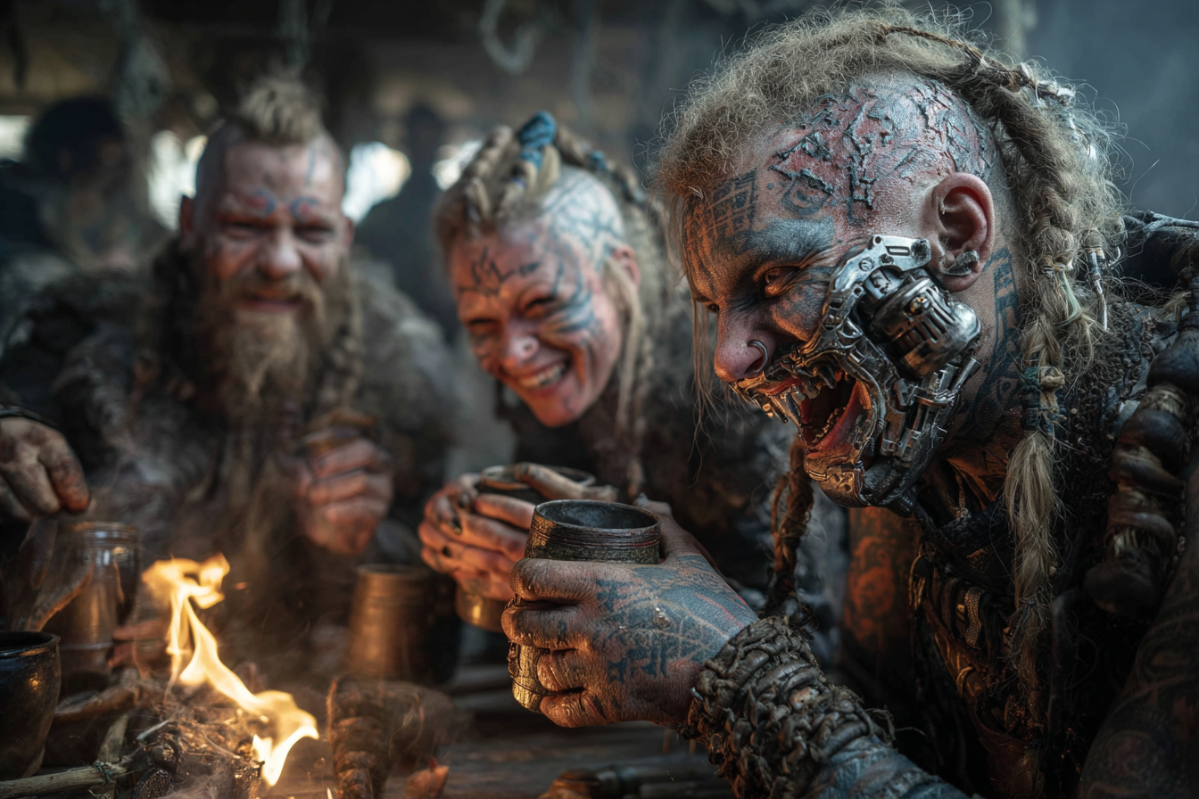 Group of Vikings laughing loudly around a table one with a me 919d36db d385 4493 ba2c fb4829a543cc 2