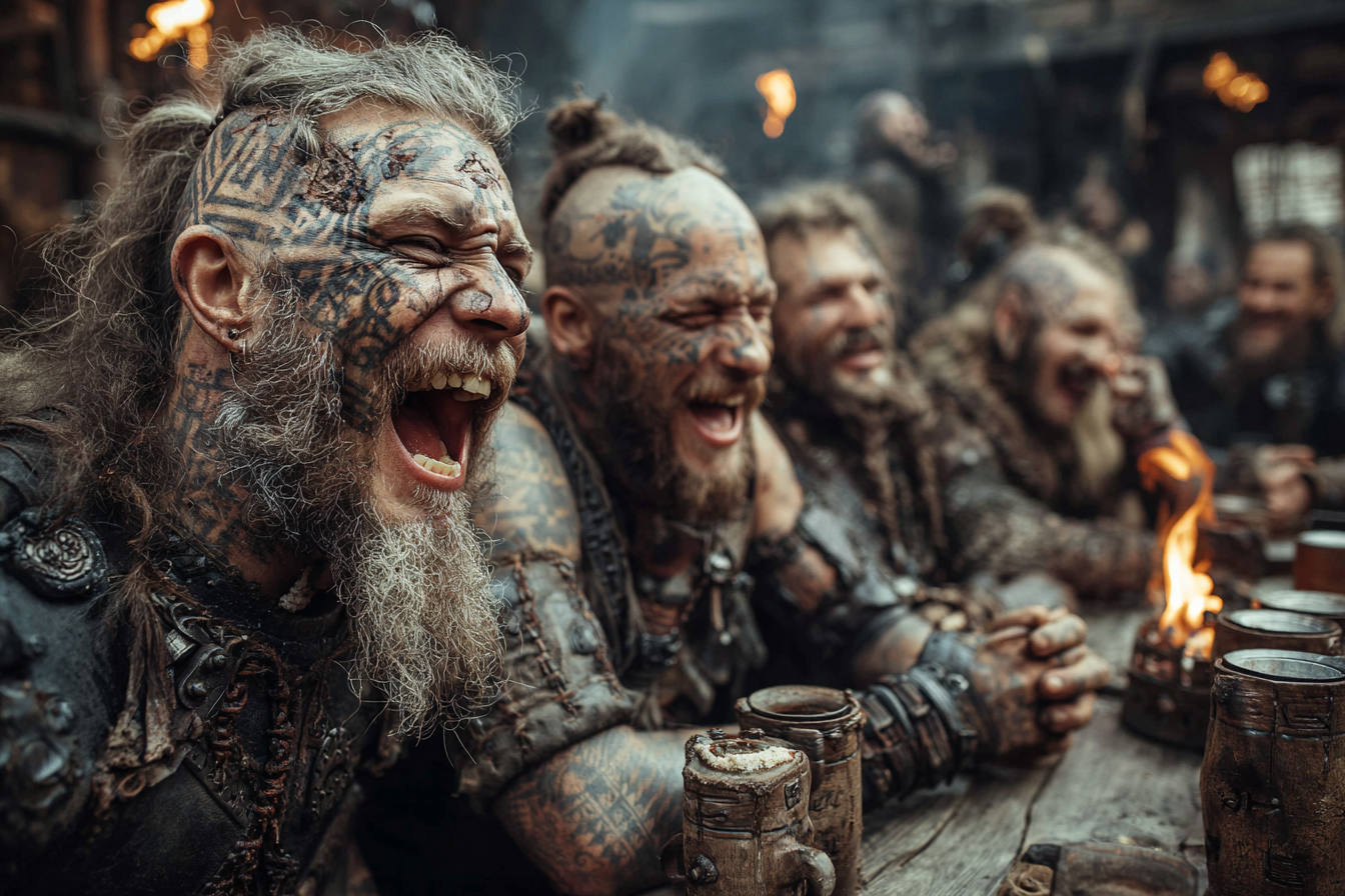 Group of Vikings laughing loudly around a table one with a me 919d36db d385 4493 ba2c fb4829a543cc 3