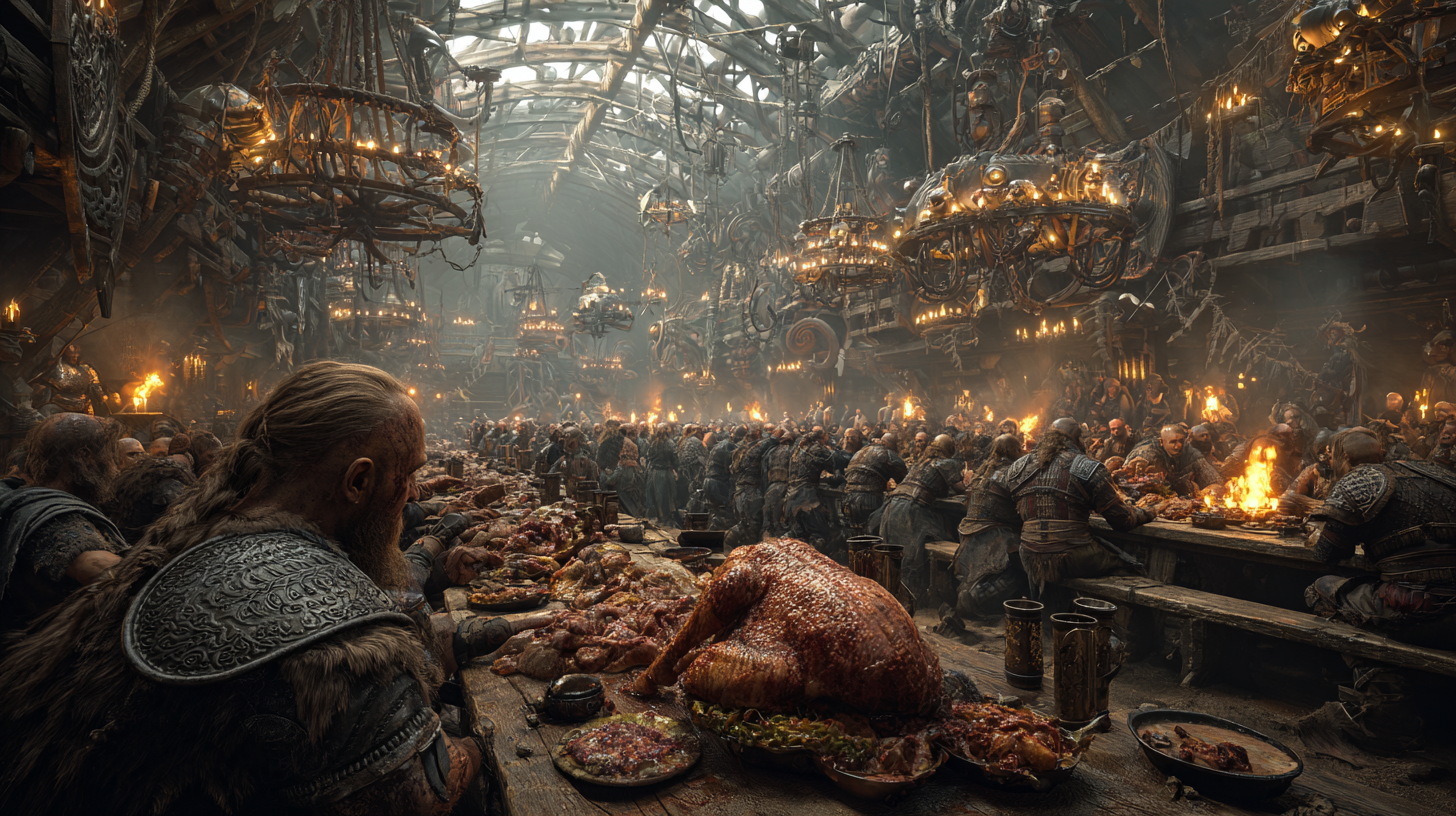 Massive Viking longhouse filled with battle worn warriors cel 3013278a 809d 465a ab08 fba00878888c 3