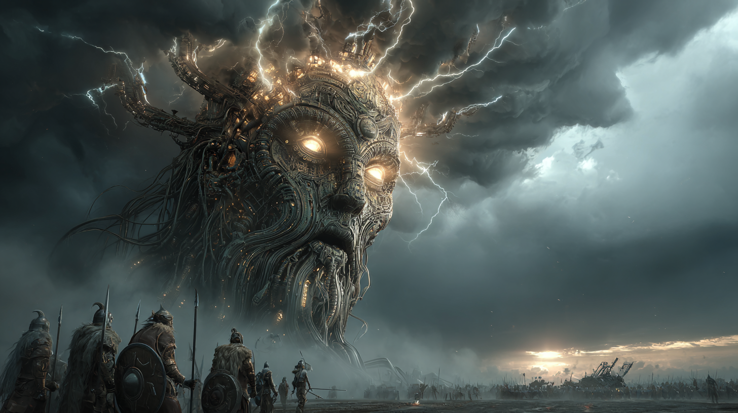 Massive mechanical Norse god forming in the storm clouds ligh 5a01acb4 1c0f 4cb0 8330 39f52e5d591e 0