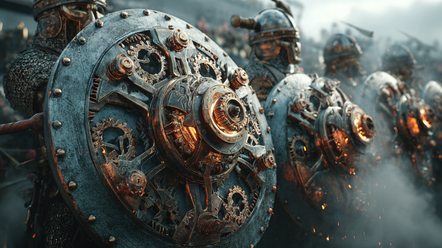 Mechanical Viking shield wall warriors holding shields with r 24a2d93c 048f 484b bae7 6d49455456ff 0