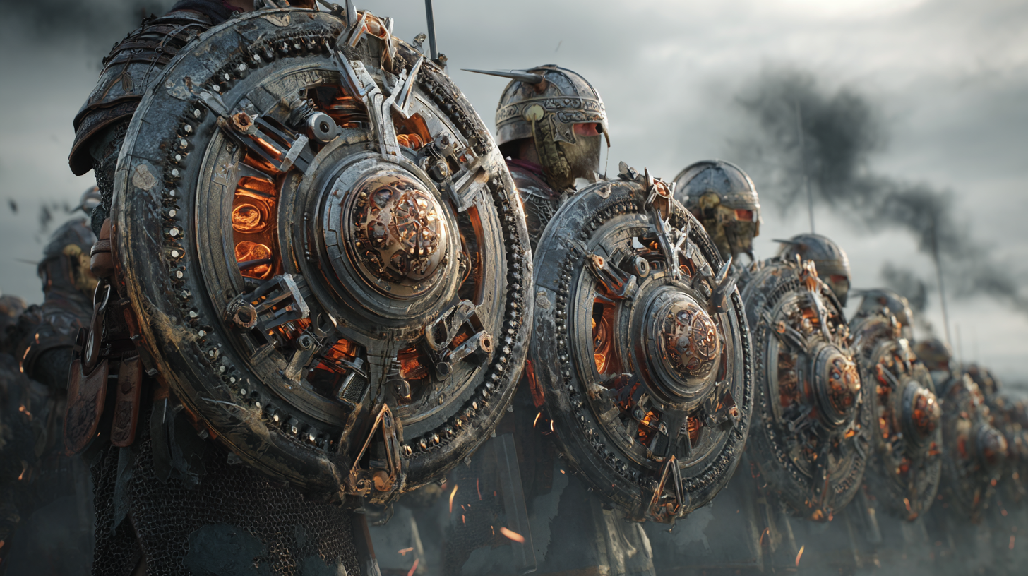 Mechanical Viking shield wall warriors holding shields with r a49d4822 d7ce 4b35 88c6 2441bf16e741 2