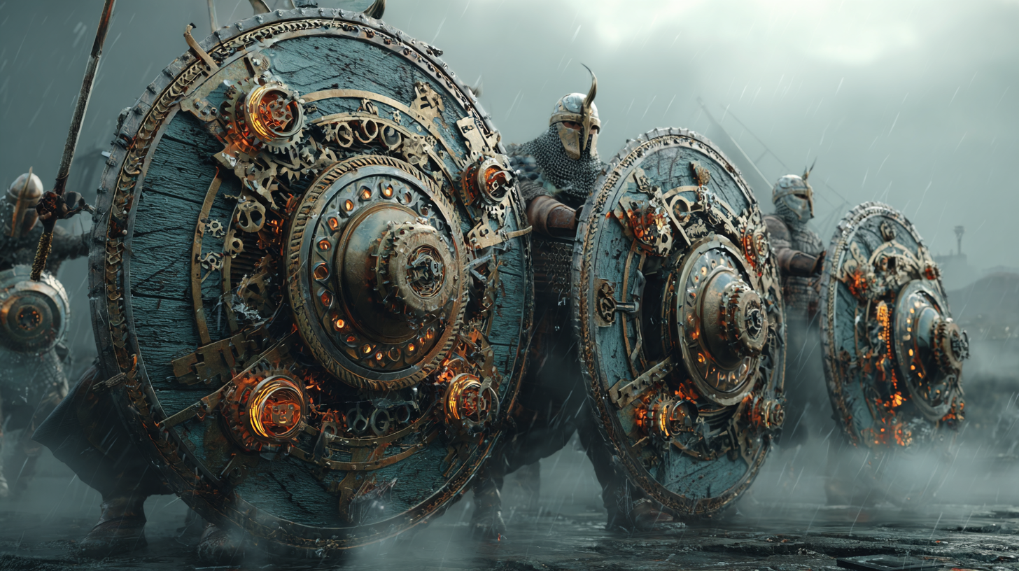 Mechanical Viking shield wall warriors holding shields with r b89cee32 843c 4d83 8f88 5a3c1abee149 1