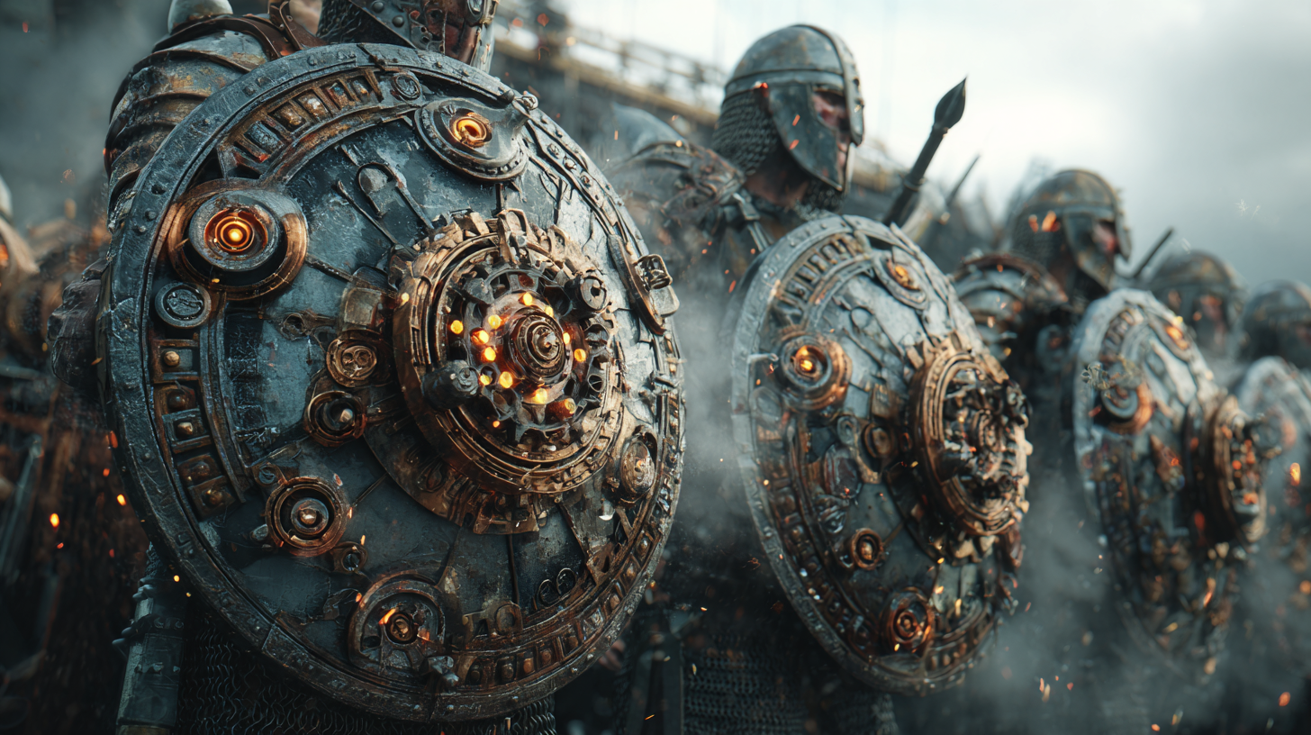 Mechanical Viking shield wall warriors holding shields with r f3903b51 efeb 4dae 831e 1f93ae4bb4a2 1