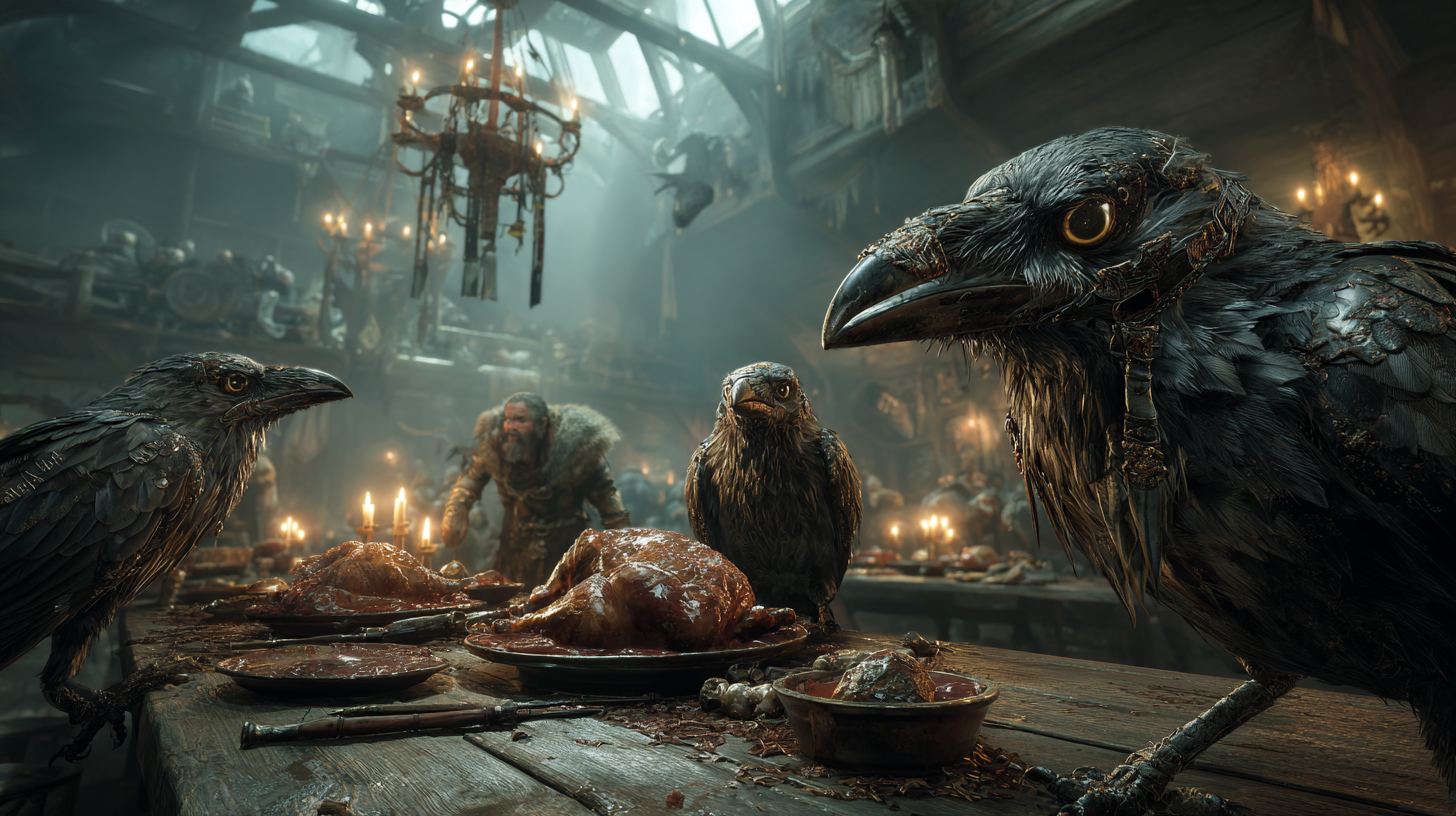 Mechanical ravens flying through a Viking feast hall landing 43c1c339 912a 4f98 95f7 b35a2cb04c4d 3
