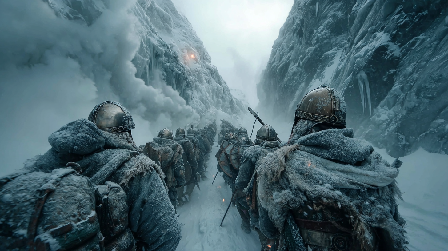 Narrow mountain pass filled with Viking warriors clashing in 2feeb24e ba4d 4b27 abe4 b6e02ddffa73 0