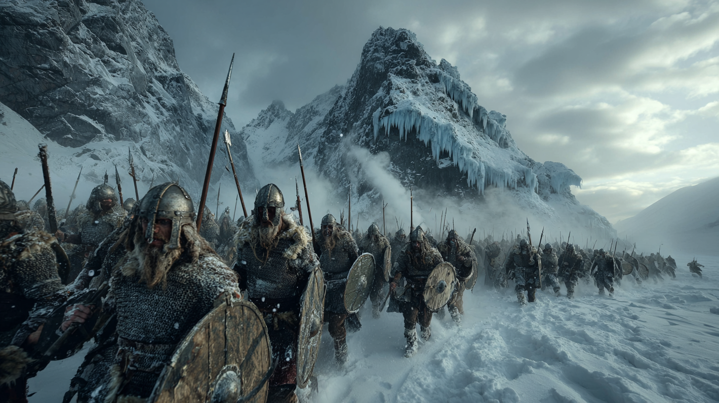 Narrow mountain pass filled with Viking warriors clashing in 2feeb24e ba4d 4b27 abe4 b6e02ddffa73 1