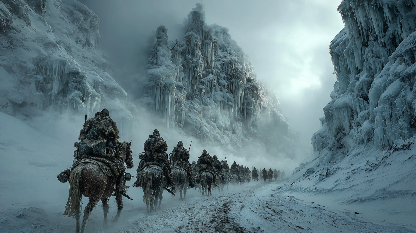 Narrow mountain pass filled with Viking warriors clashing in 2feeb24e ba4d 4b27 abe4 b6e02ddffa73 2