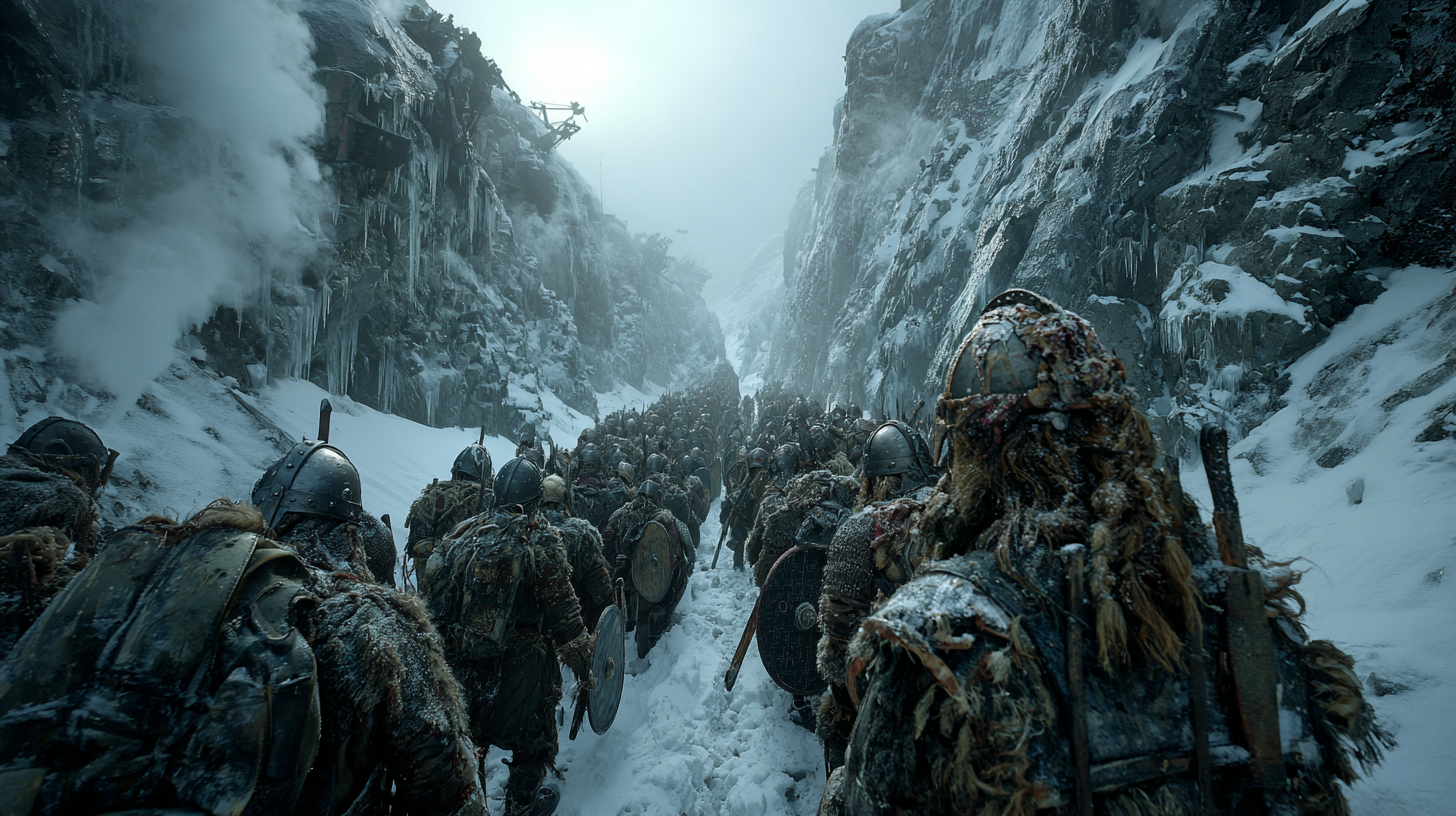 Narrow mountain pass filled with Viking warriors clashing in 2feeb24e ba4d 4b27 abe4 b6e02ddffa73 3
