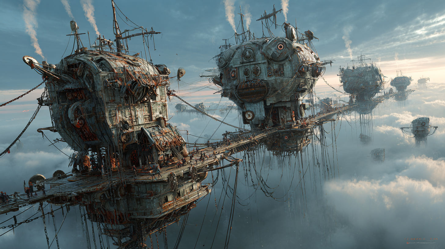 Sky filled with floating Viking structures connected by chain 3ef093a2 8ebb 4d54 9387 d440261f747c 2