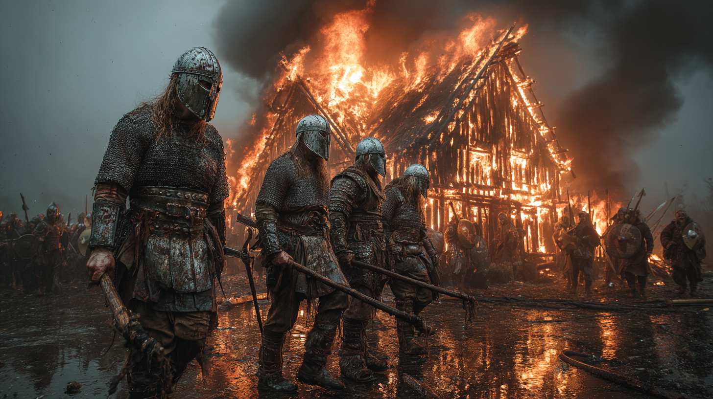 Small group of Viking warriors defending a burning longhouse 757057a4 c221 4b9b a25f 92239d8fda52 0
