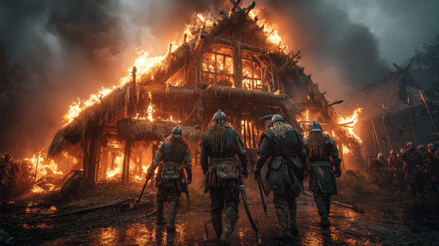 Small group of Viking warriors defending a burning longhouse 757057a4 c221 4b9b a25f 92239d8fda52 2